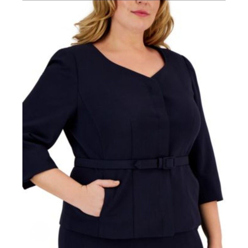 Le Suit Collarless Belted Suit Jacket Womens 18W Navy